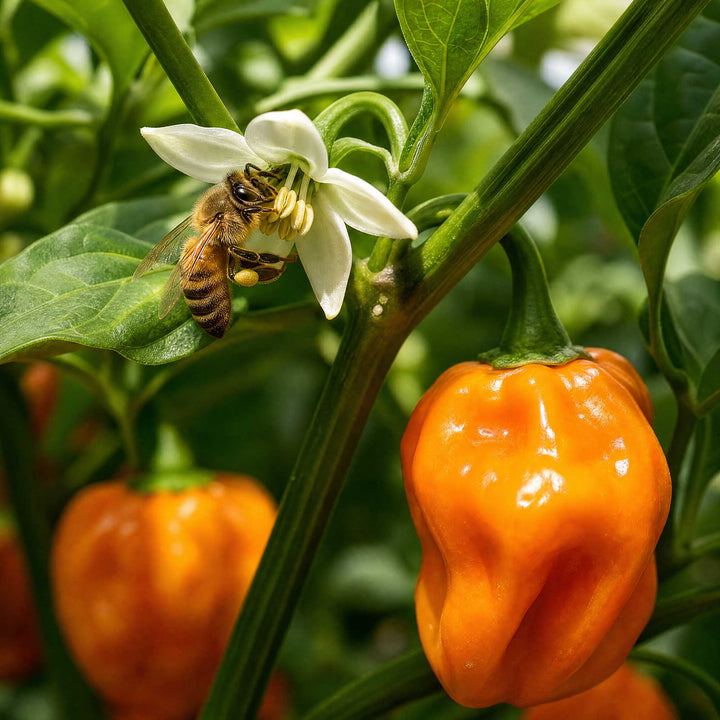 A close-up of an orange bell pepper on a green plant, with a white flower and a bee near it. More orange peppers and green leaves are visible in the background.
