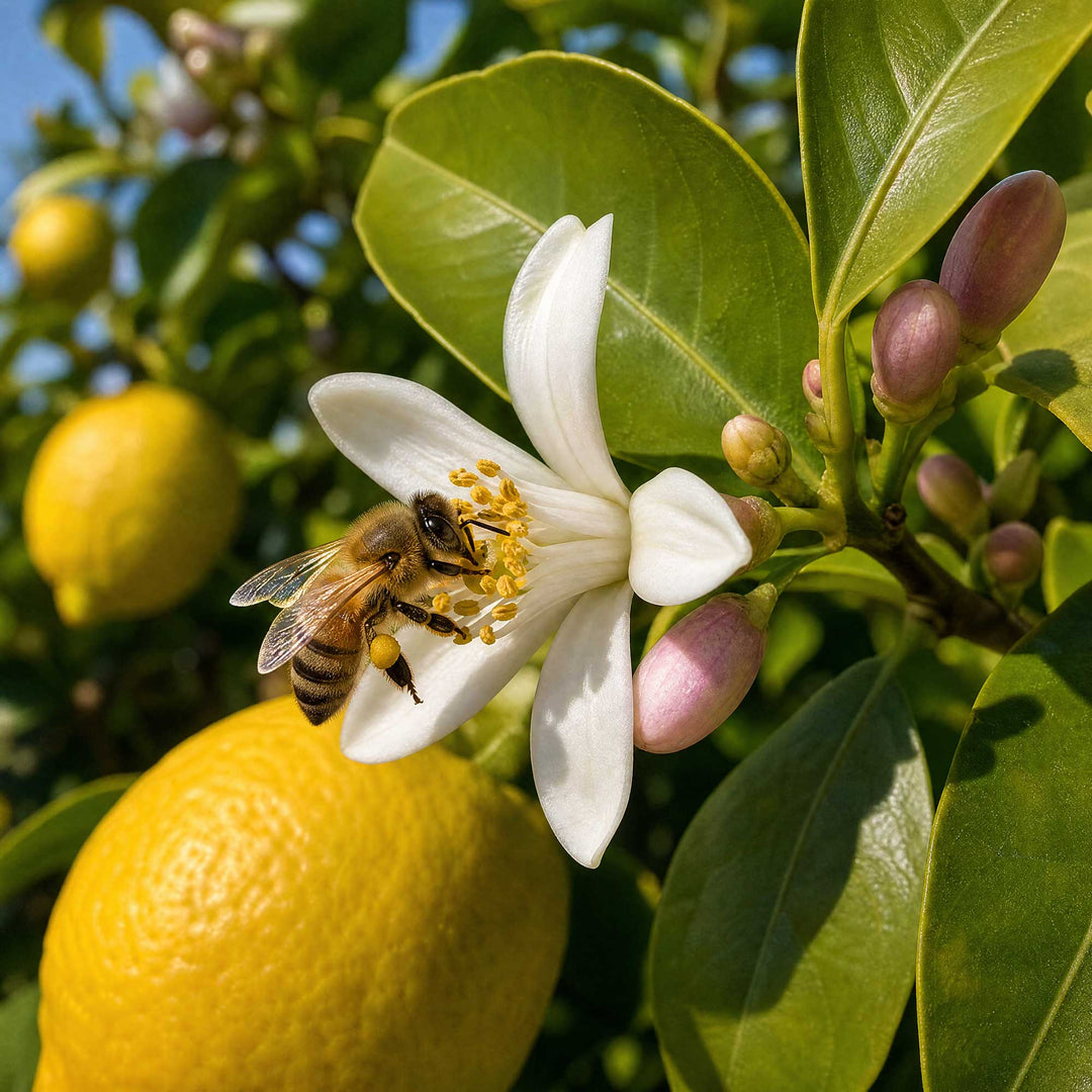 A close-up outdoor photo of a honeybee crawling on a white citrus blossom with yellow pollen, surrounded by green leaves and yellow lemons on a tree.