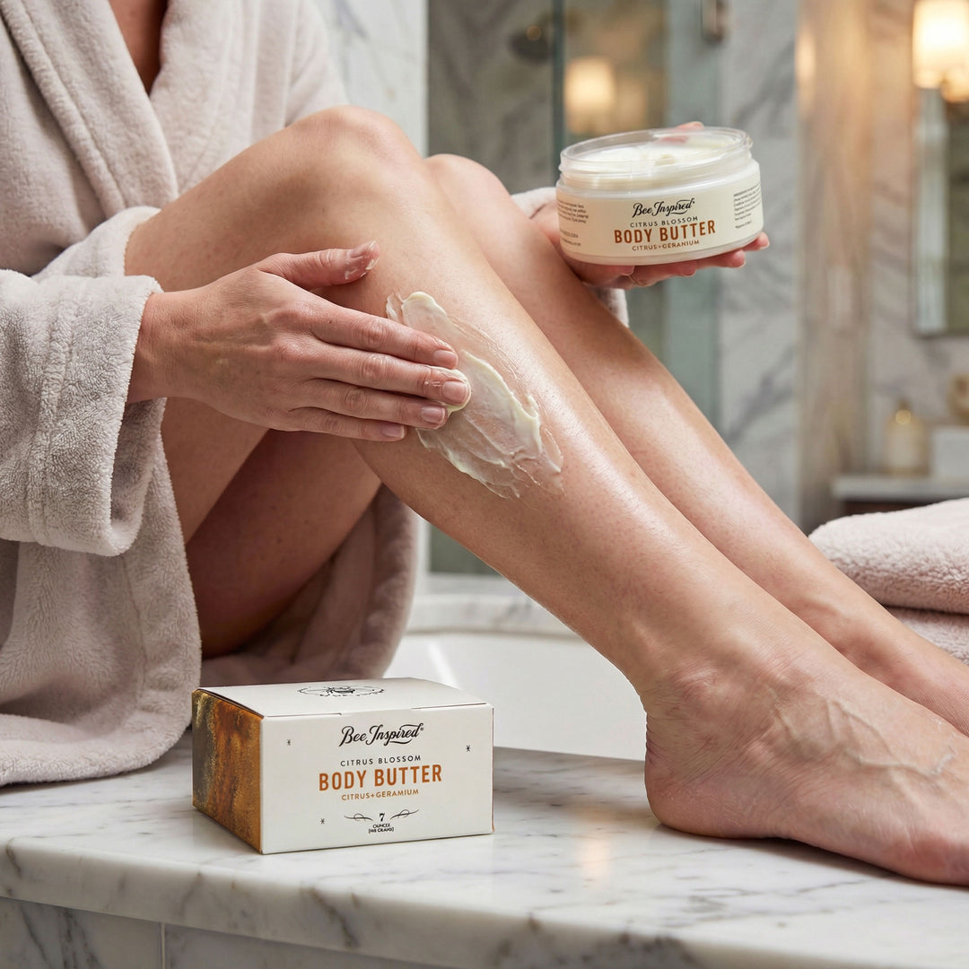 Person applying body butter to their legs with a jar and box of the product on a marble surface.