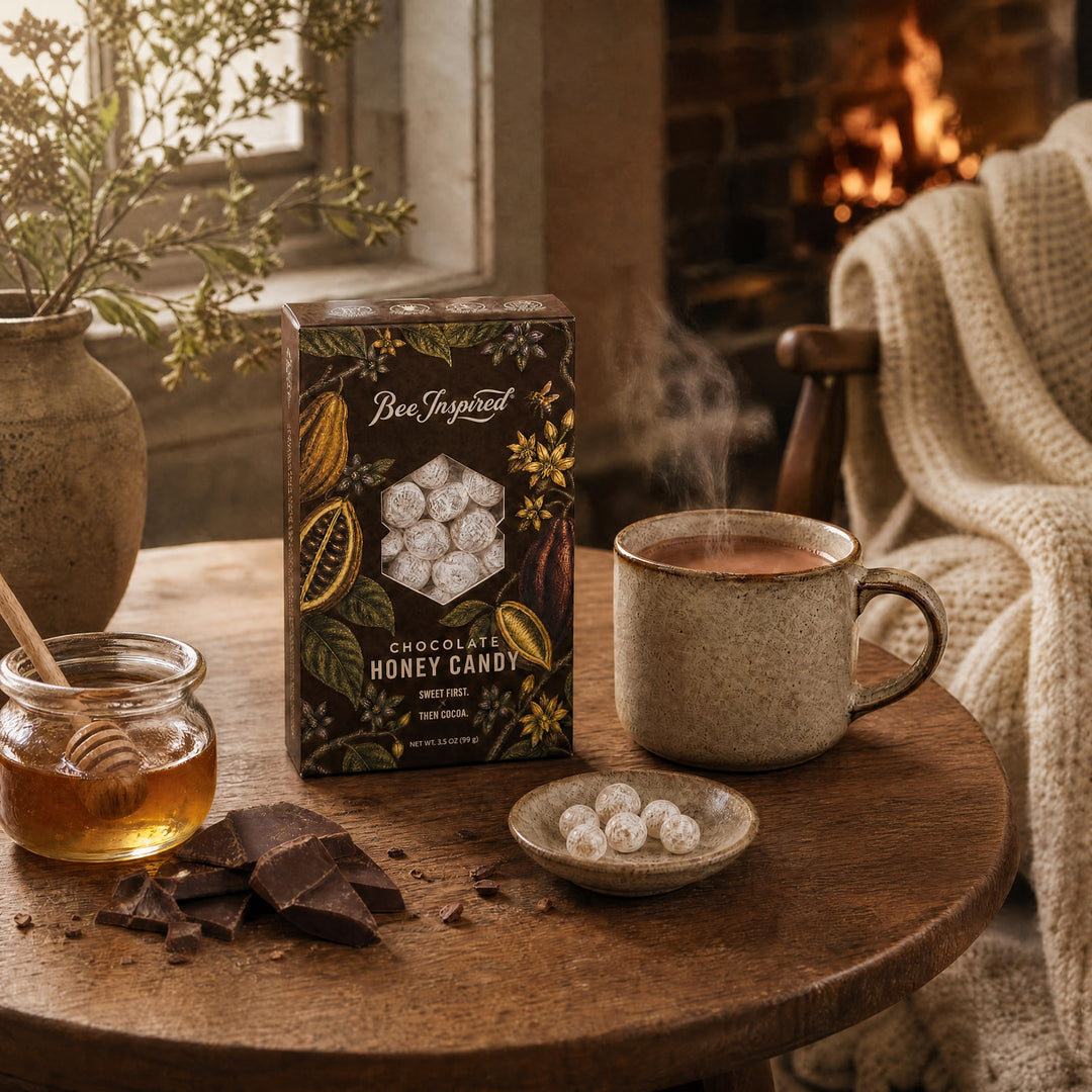 A box of Bee Inspired Chocolate Honey Candy sits on a rustic wooden table next to a steaming mug of hot chocolate, a small dish of the candy, chocolate pieces, and a jar of honey in a cozy indoor setting with a fireplace in the background.