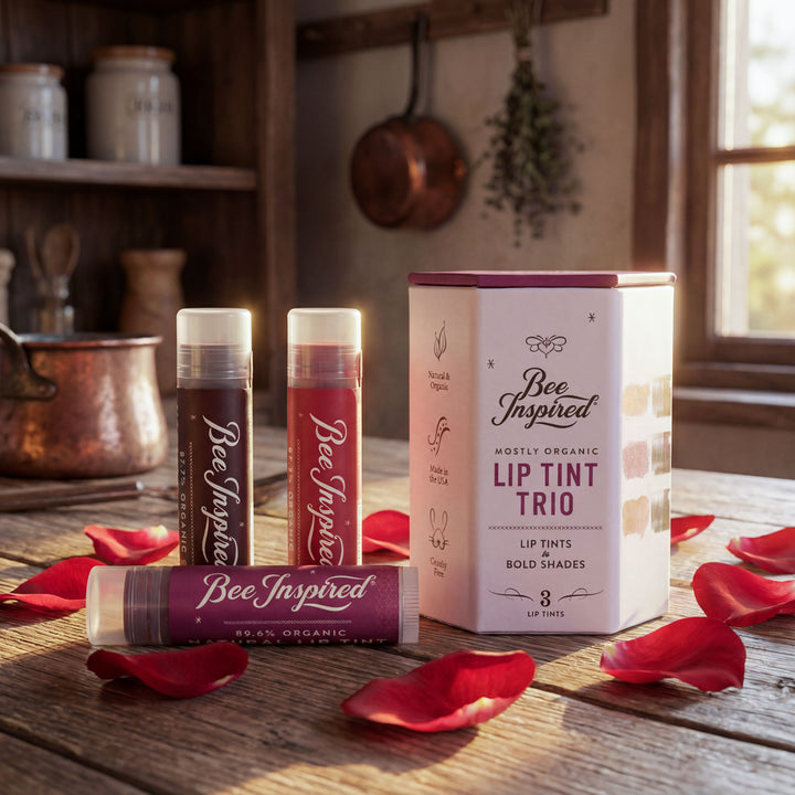 Bee Inspired lip tint trio on a wooden surface with rose petals