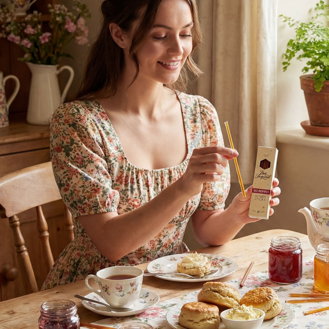 Woman in a floral dress holding a product at a table with tea and biscuits.