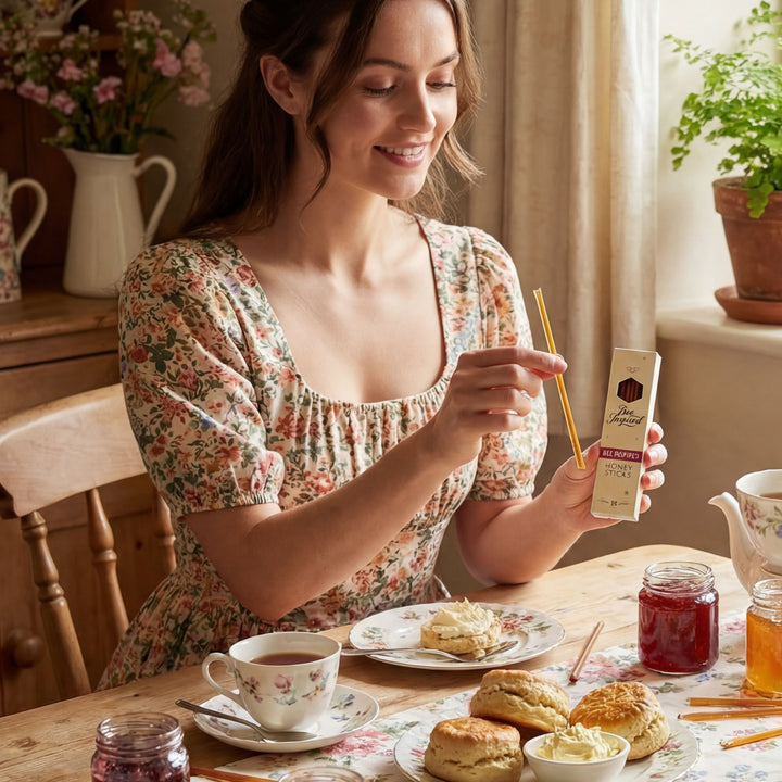 Woman in a floral dress holding a product at a table with tea and biscuits.