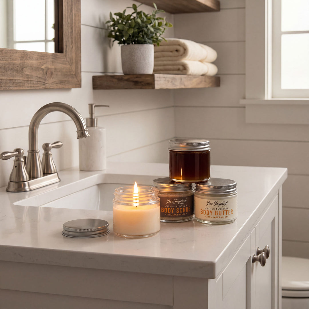 Bathroom counter with candles, jars of body products, and a plant.