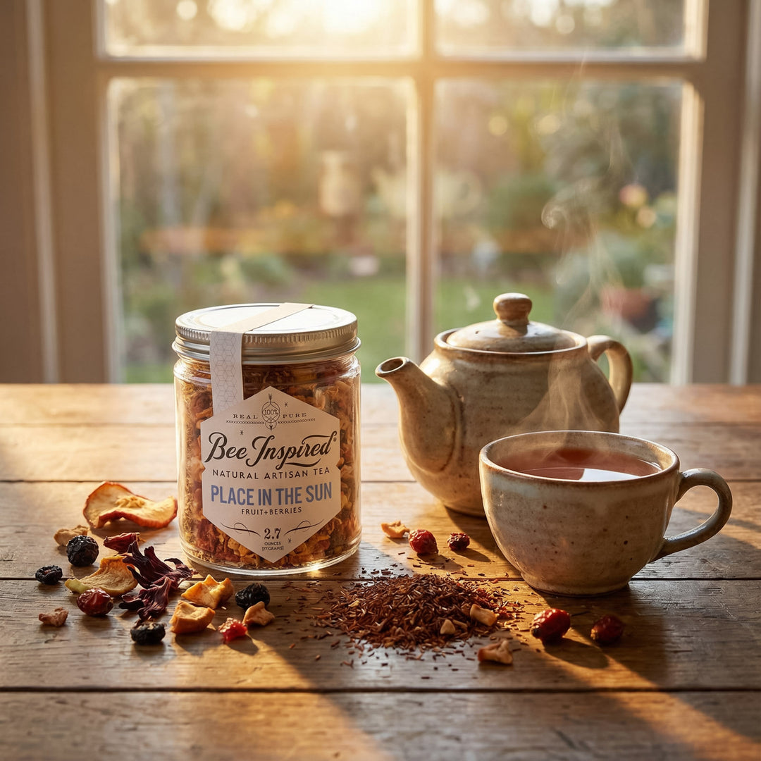 Tea jar labeled 'Bee Inspired' on a wooden table with a teapot and cup of tea.