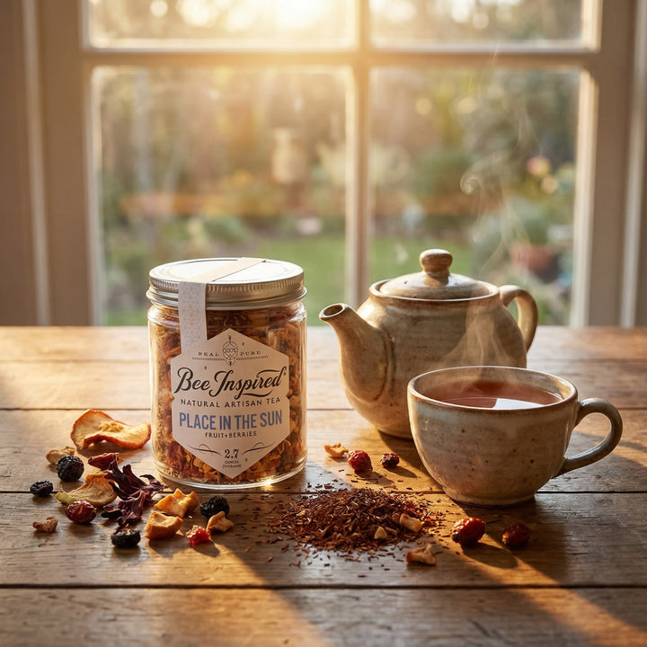 Tea jar labeled 'Bee Inspired' on a wooden table with a teapot and cup of tea.