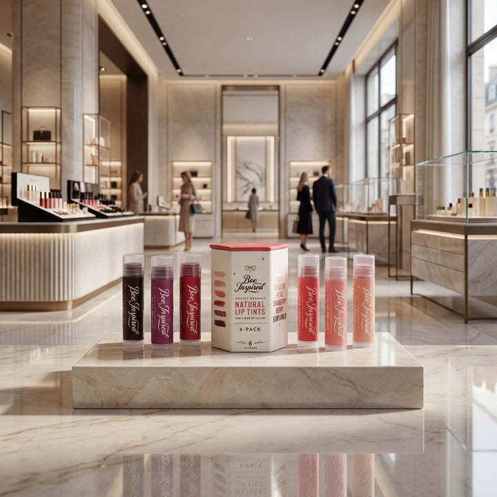 Lip tint products displayed in a high-end store setting