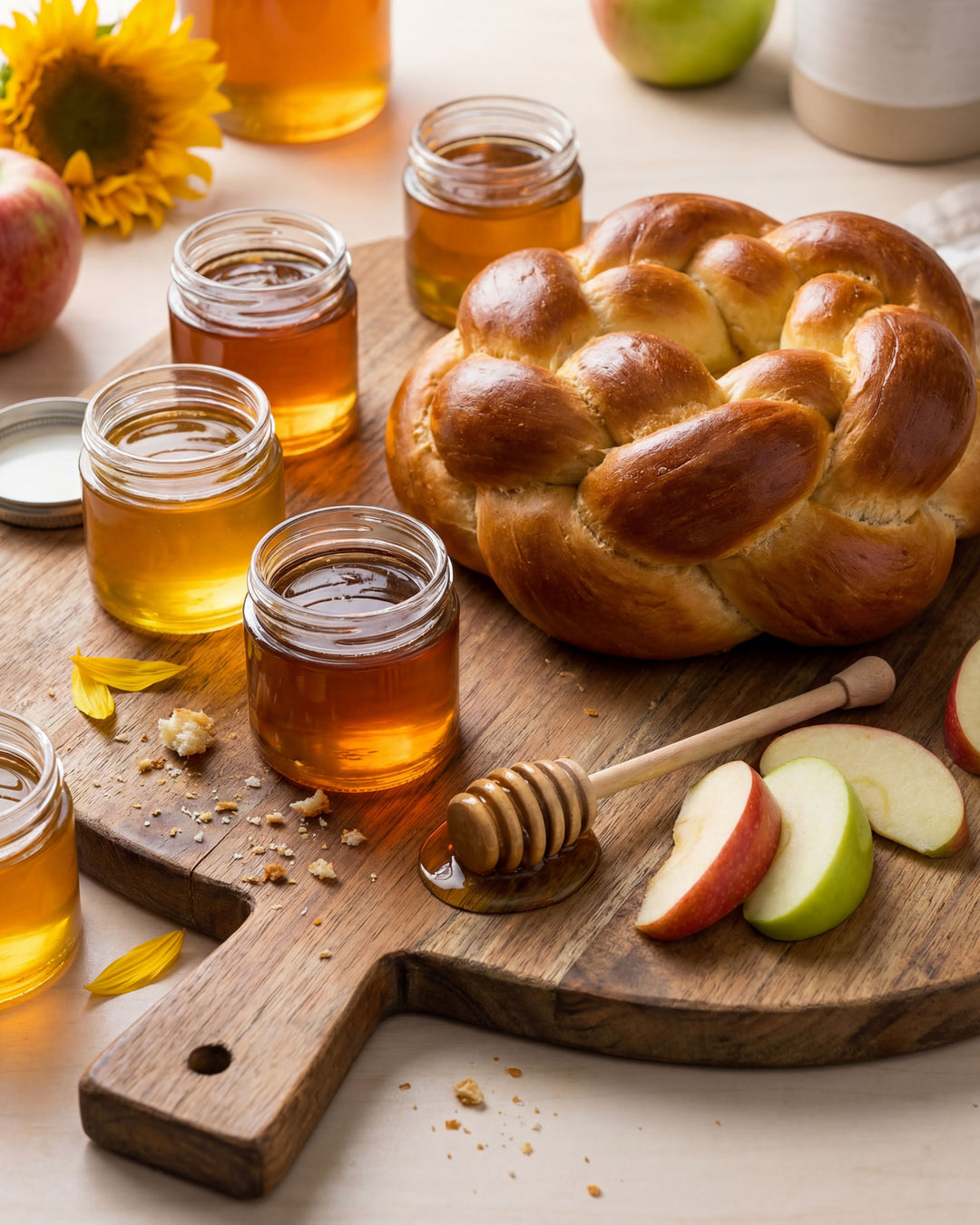 Honey jars, a loaf of bread, and apples on a wooden cutting board with a sunflower in the background.