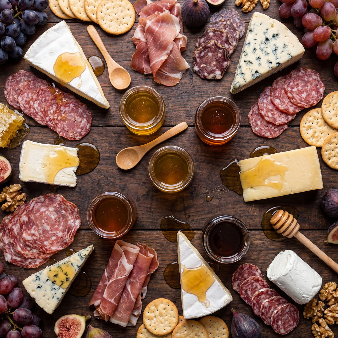 Assorted meats, cheeses, and honey on a wooden surface